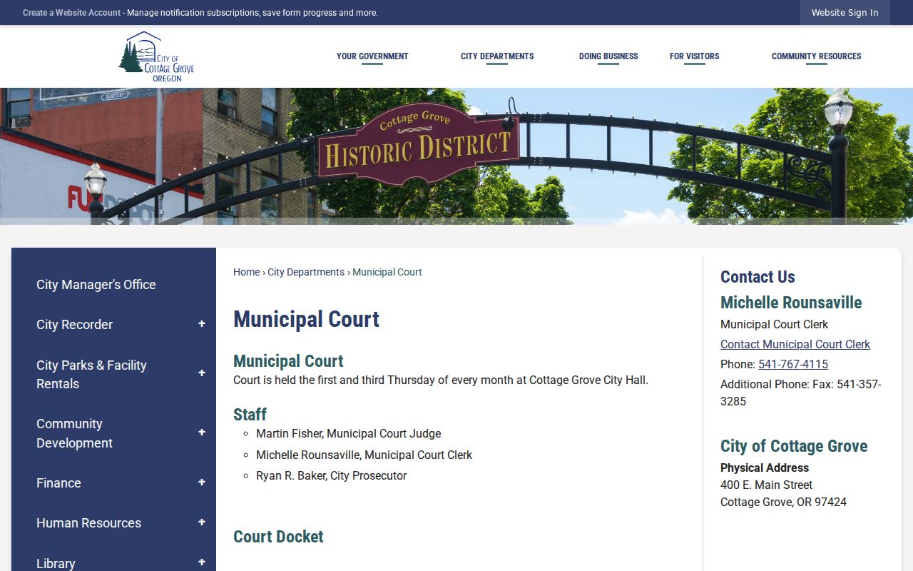 Lane County Cottage Grove criminal records municipal court page