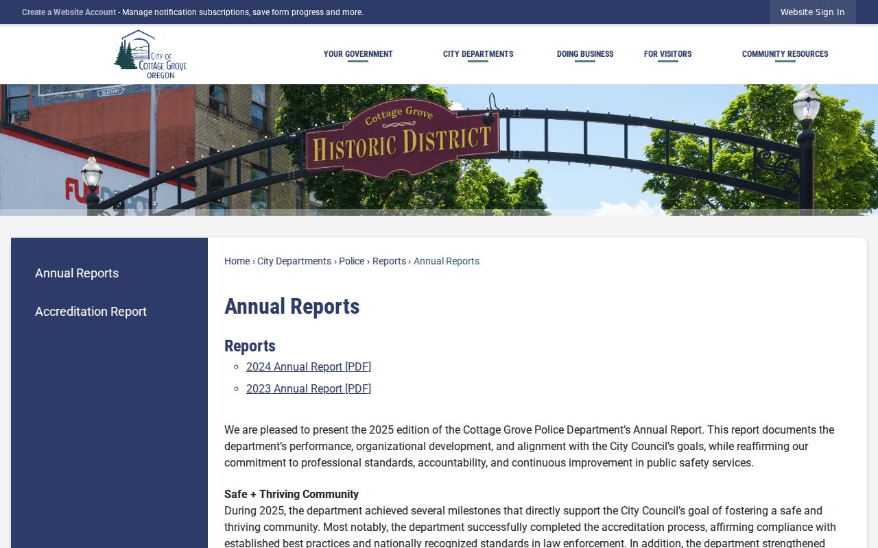 Lane County Cottage Grove criminal records police annual reports