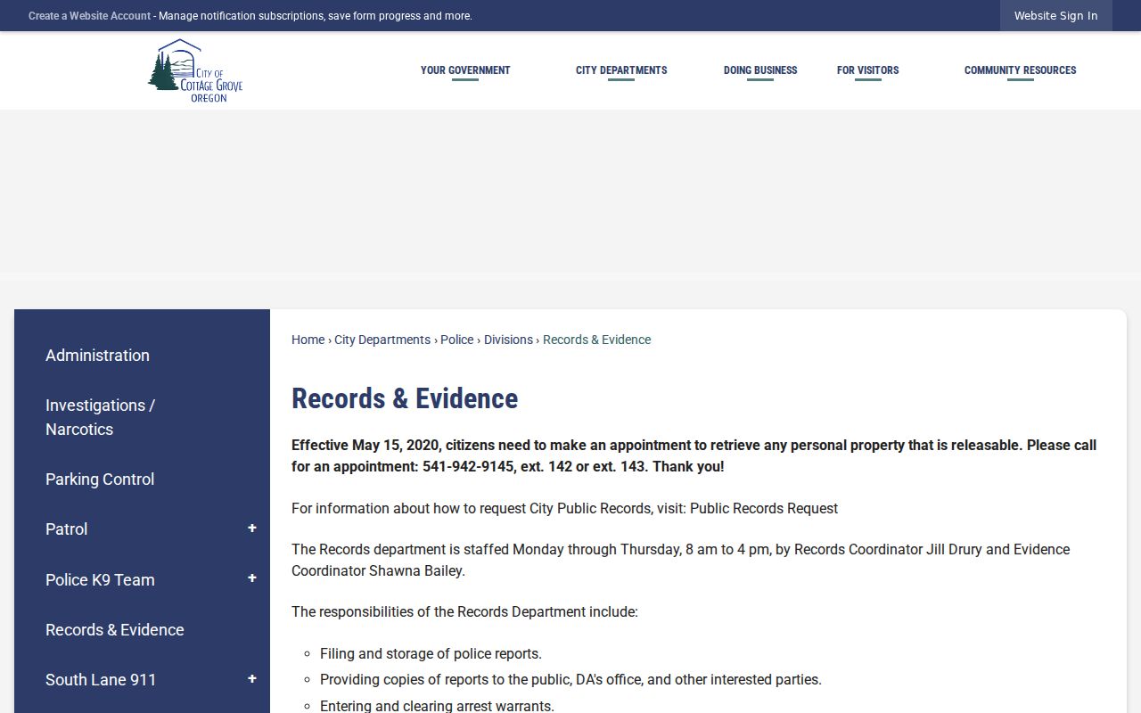 Lane County Cottage Grove criminal records police records and evidence page