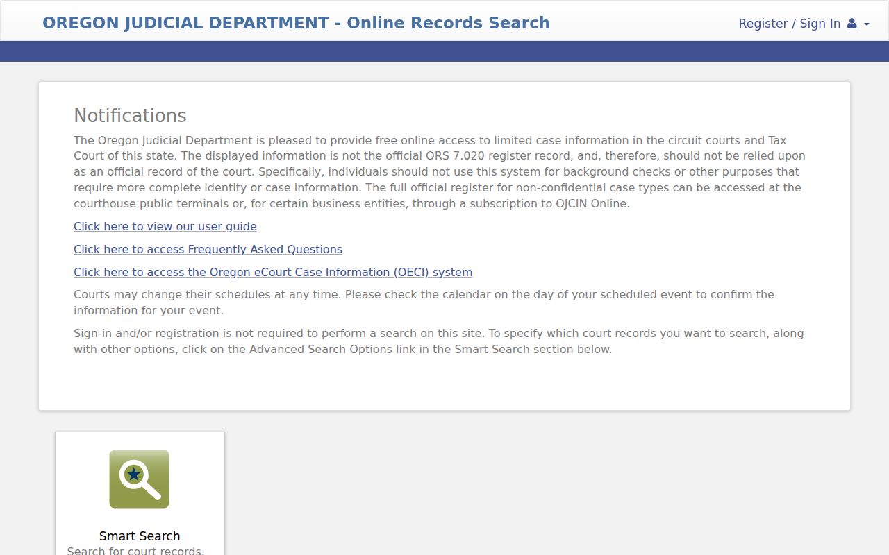 Lane County criminal court case search in the Oregon Judicial Department portal