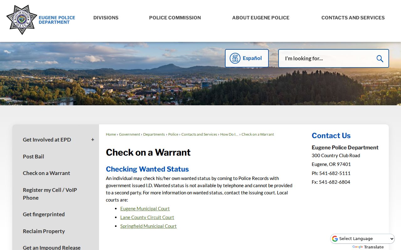 Lane County Eugene criminal records warrant check instructions