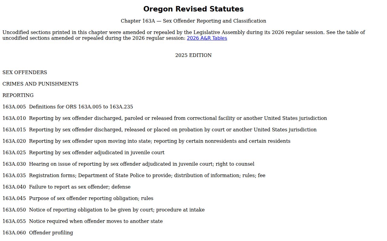 Lane County sex offender search Oregon registration statute